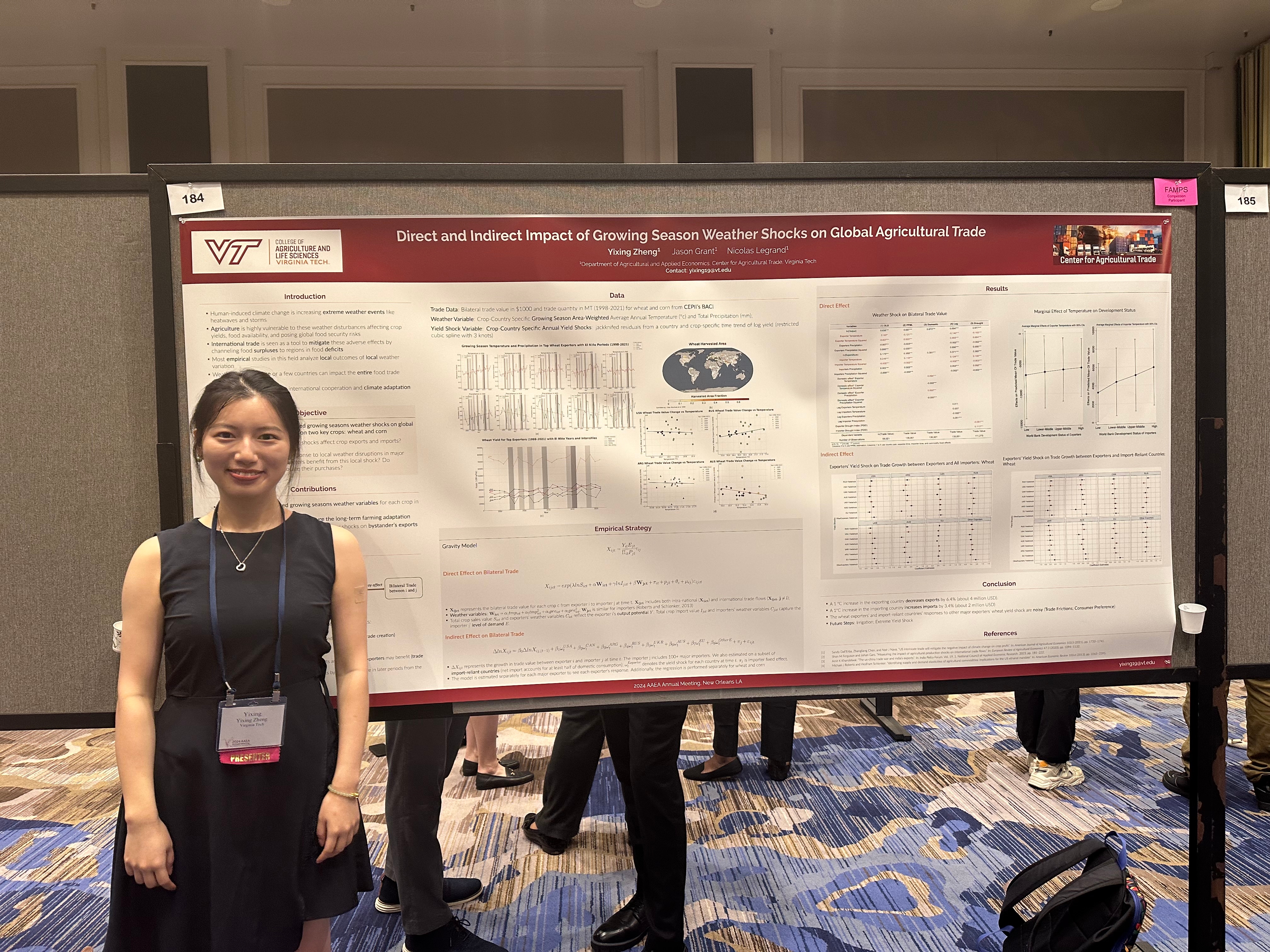 Ph.D. candidate Yixing Zheng presents her poster titled “Direct and indirect impact of growing season weather shocks on Global Agricultural Trade.” Photo courtesy of Anukul Bhattarai for Virginia Tech.