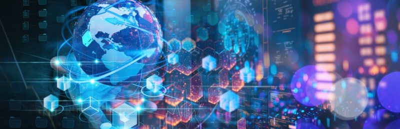 Metaverse digital cyber world technology concept businessman success working with his team as concept with virtual digital dashboard interface with The real world with the virtual world overlapped icons innovation technology future.