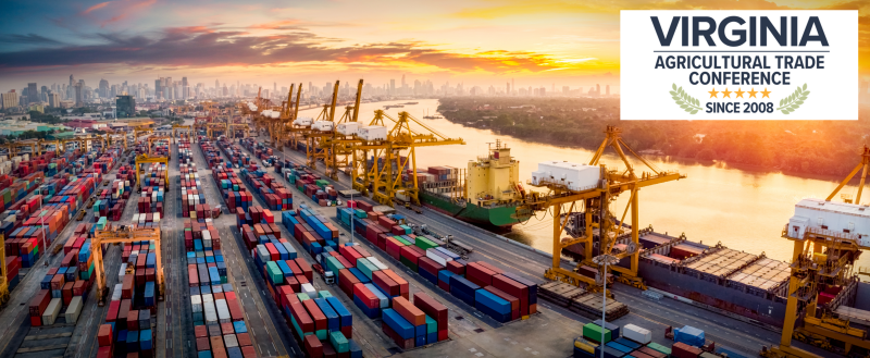 Adobe stock image of port of call with Virginia Agricultural Trade Conference Logo on top of image