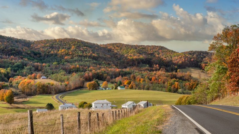 Rural Virginia Farm town in Autumn in the valleys and hills of the Appalachian Mountains