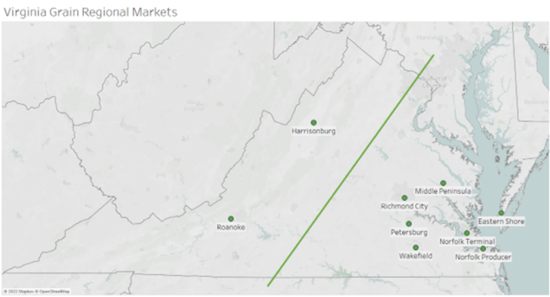 Figure 1: Map of Virginia Regional Grain Markets tracked by VDACS.