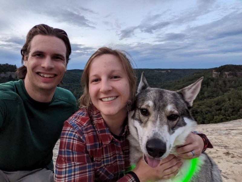 Adeline, her husband Chris, and fur baby Tuck backpacking at Red River Gorge in Kentucky. Photo courtesy of Adeline Douglas. 