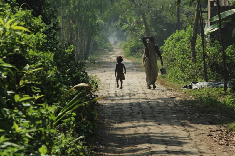 Elderly woman and child walk along a path in India.